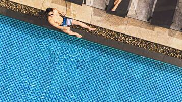 Outdoor pool, pool umbrellas, pool loungers