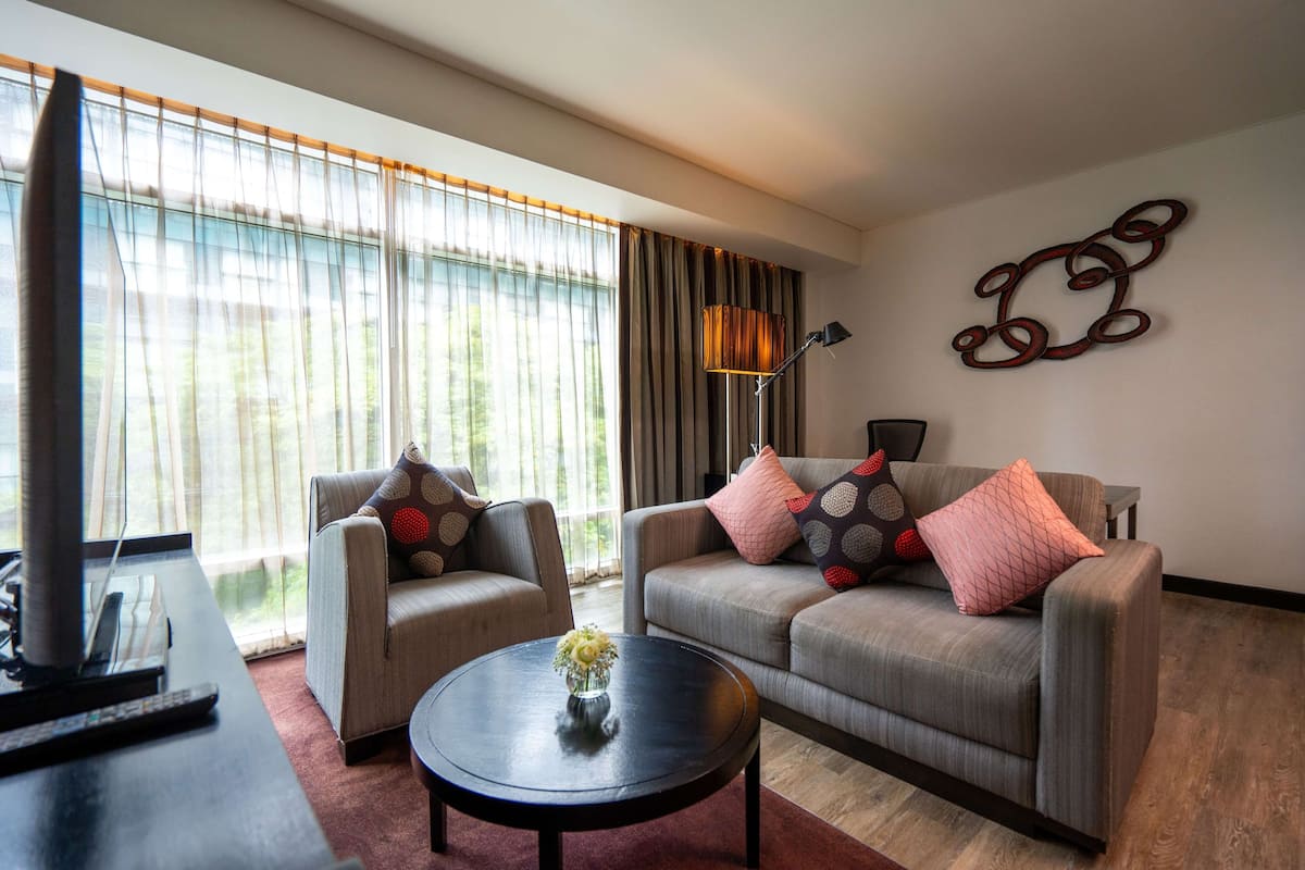 A modern living room with two sofas, a coffee table, and a TV.
