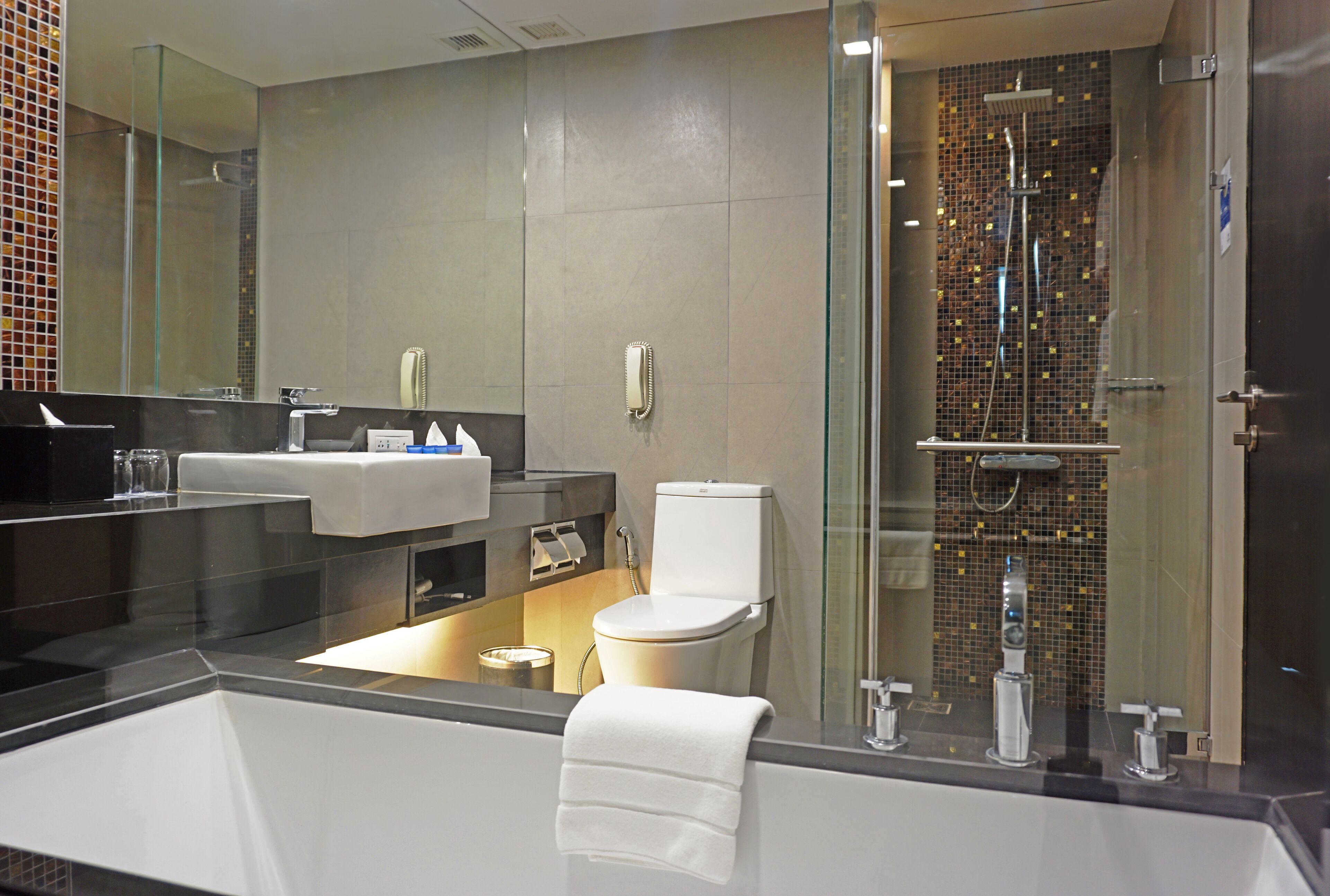 A modern bathroom with a large bathtub, a toilet, and a glass-enclosed shower area.