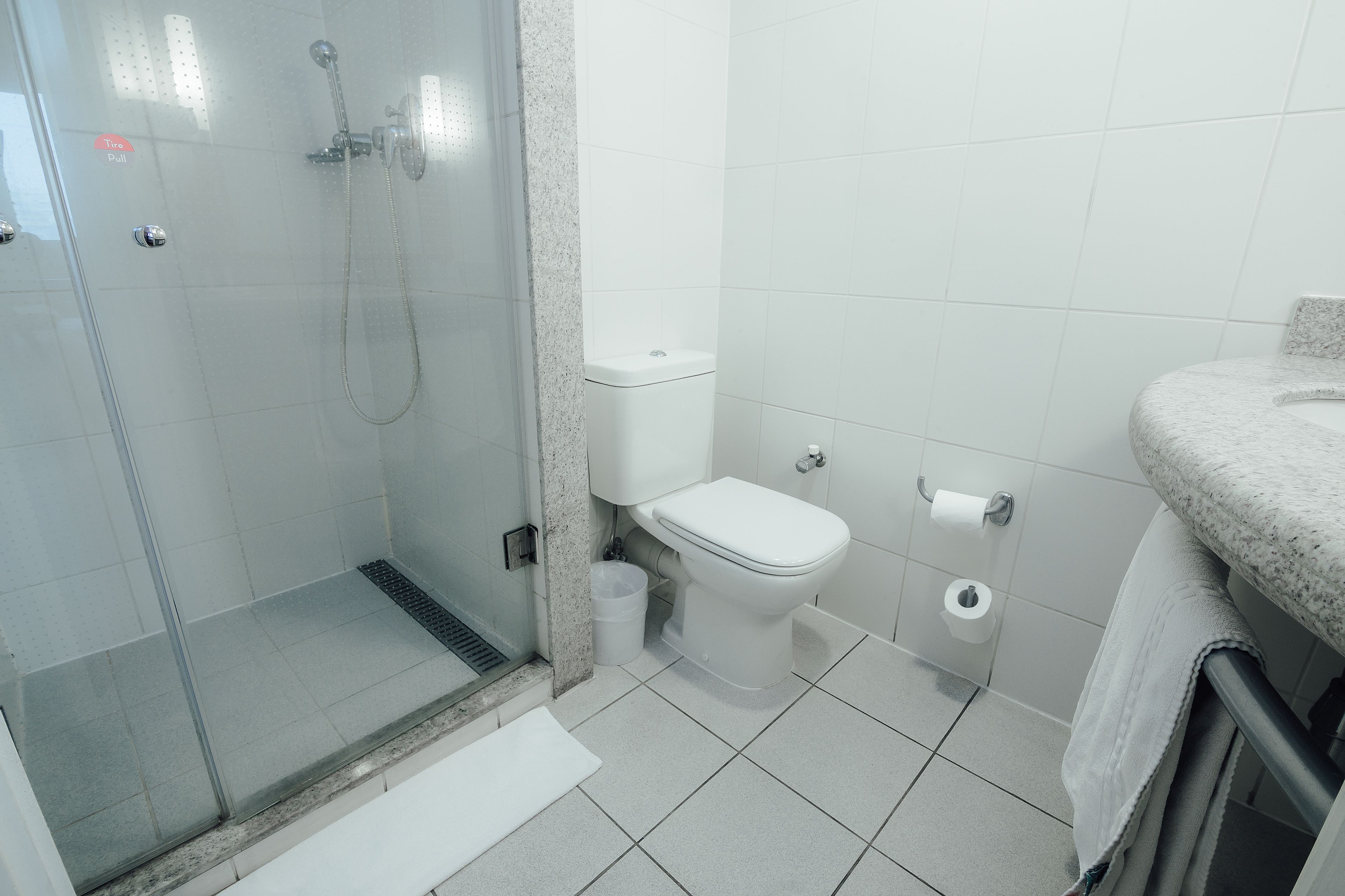 A bathroom with a glass-enclosed shower, a toilet, and a sink with a marble countertop.