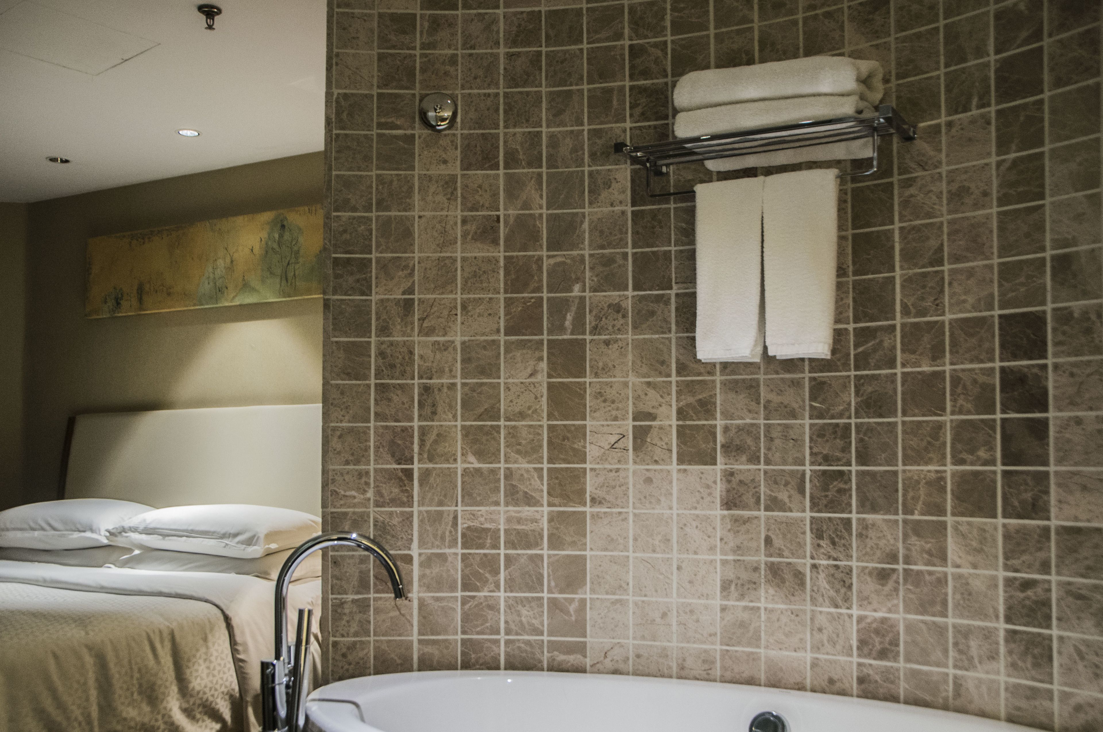 Un baño de hotel con bañera, un perchero con dos toallas, una lámpara de pared y un cuadro sobre la cama.