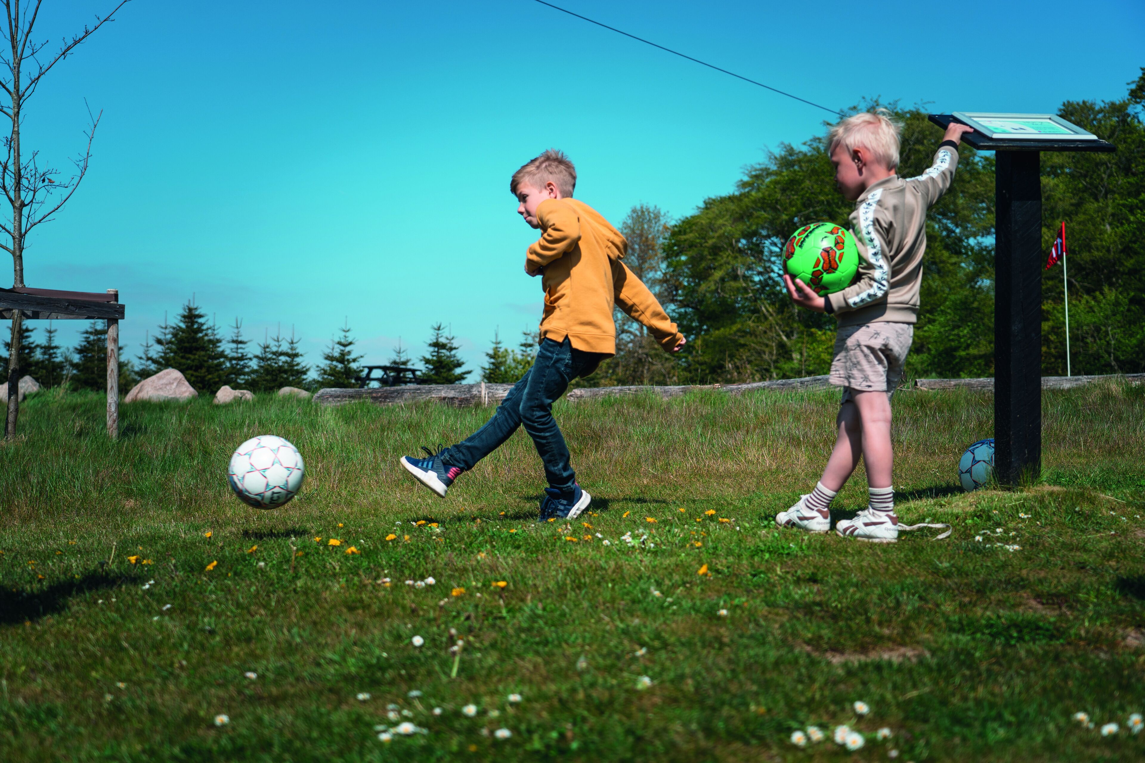 Two children playing with a soccer ball in a grassy field with a wooden structure and trees in the background.