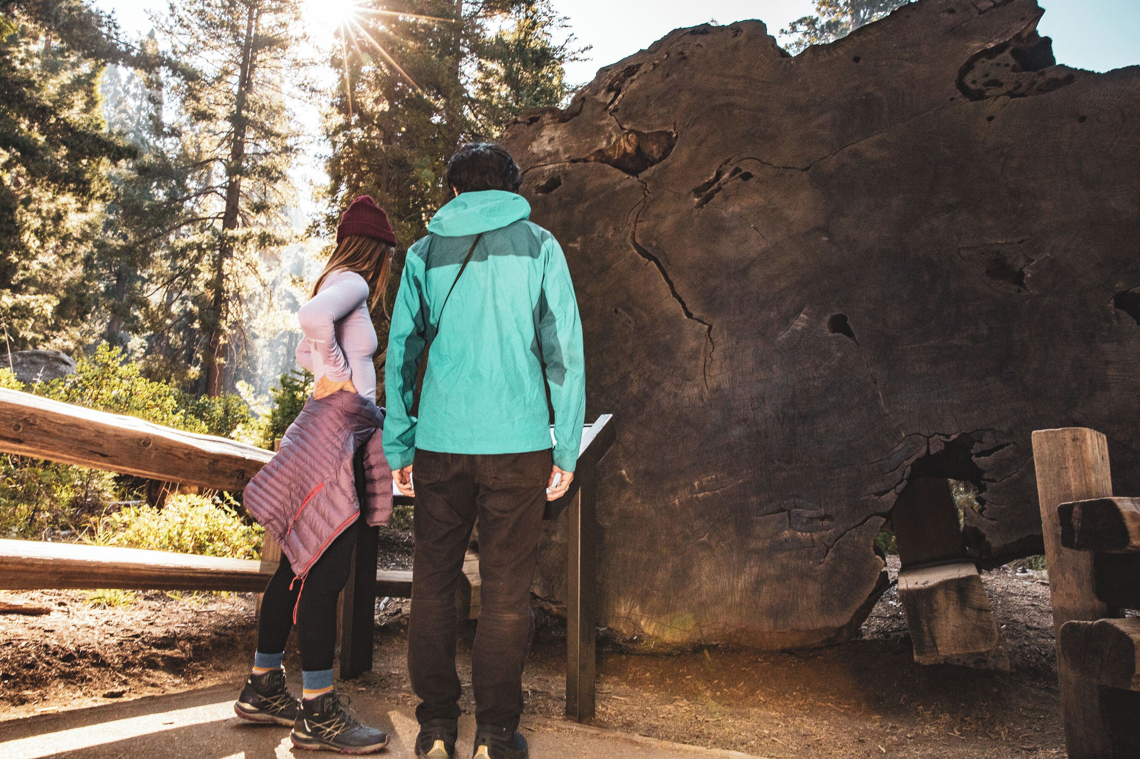 Two people walking on a wooden path with a large rock formation in the background.