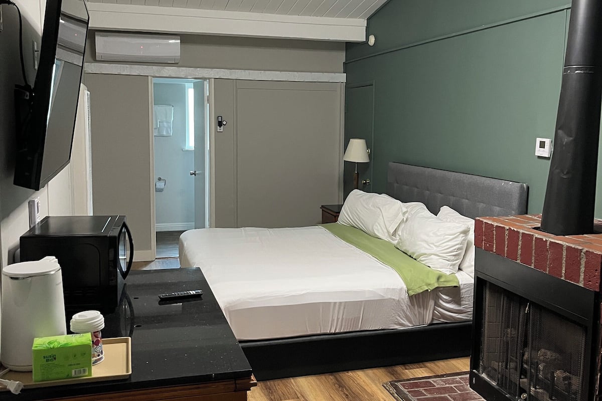 A bedroom with a bed, a TV mounted on the wall, a fireplace, and a wooden desk with a microwave and a kettle.