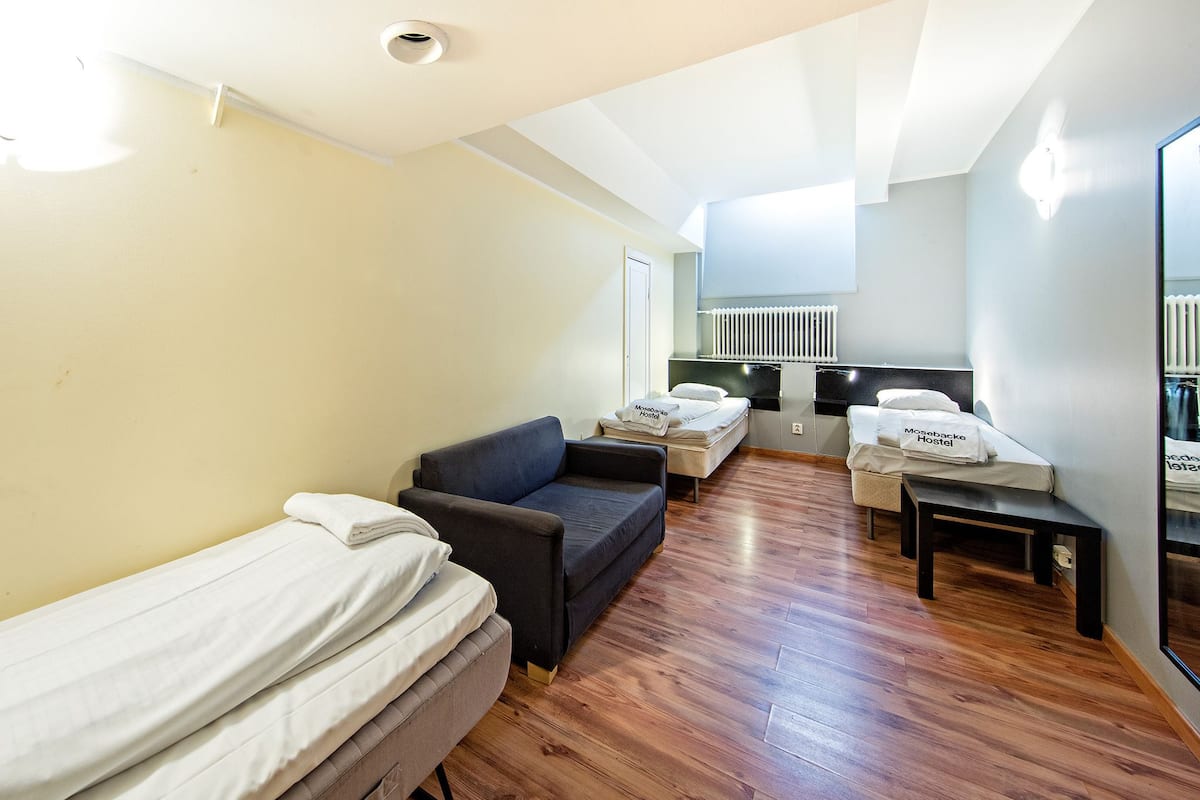 A compact, well-lit room with a loft bed, a sofa, and a small table. A radiator is mounted on the wall, and a mirror reflects part of the room.