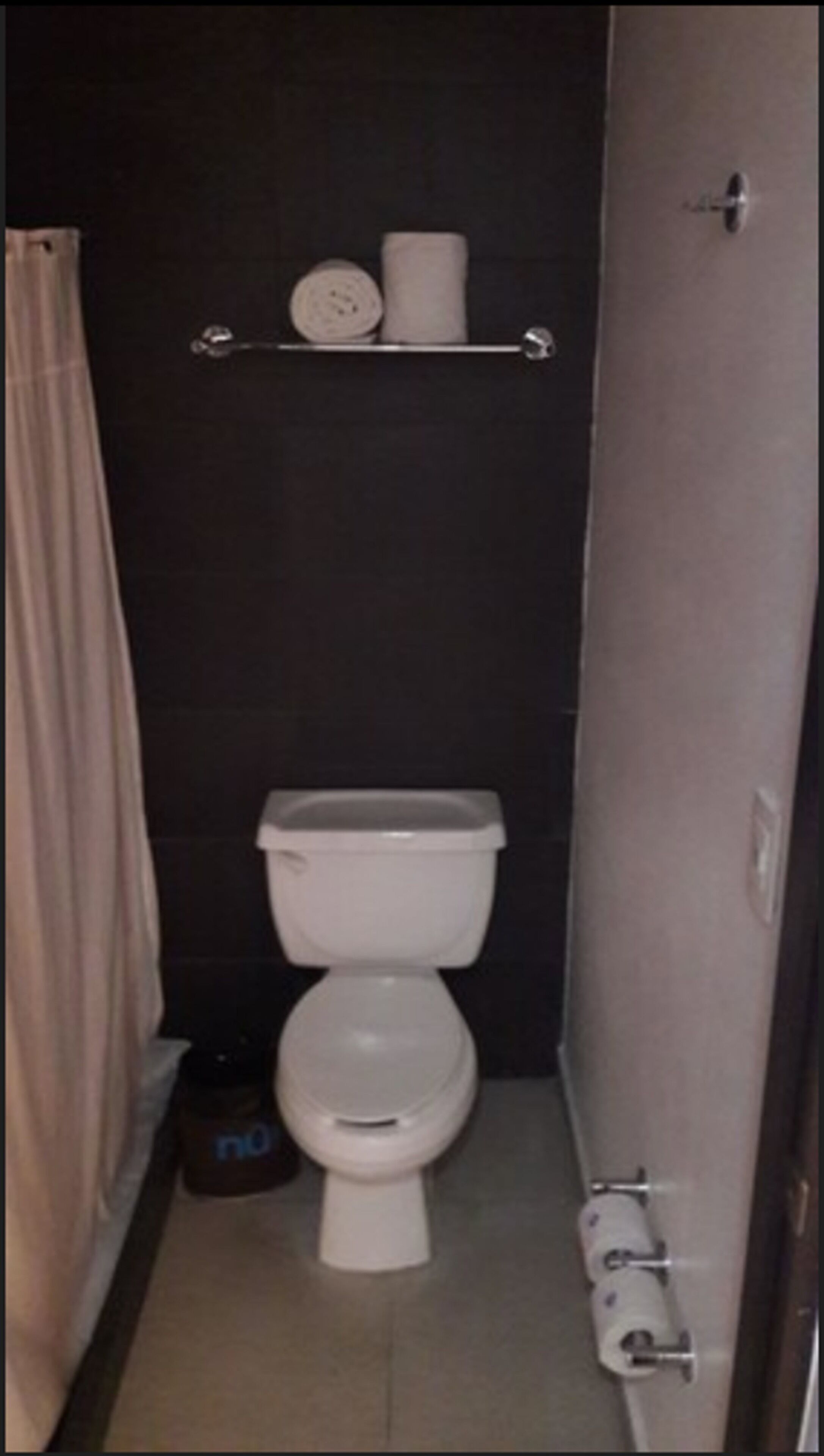 A small, narrow bathroom with a toilet, a shelf above the toilet, and a towel rack.