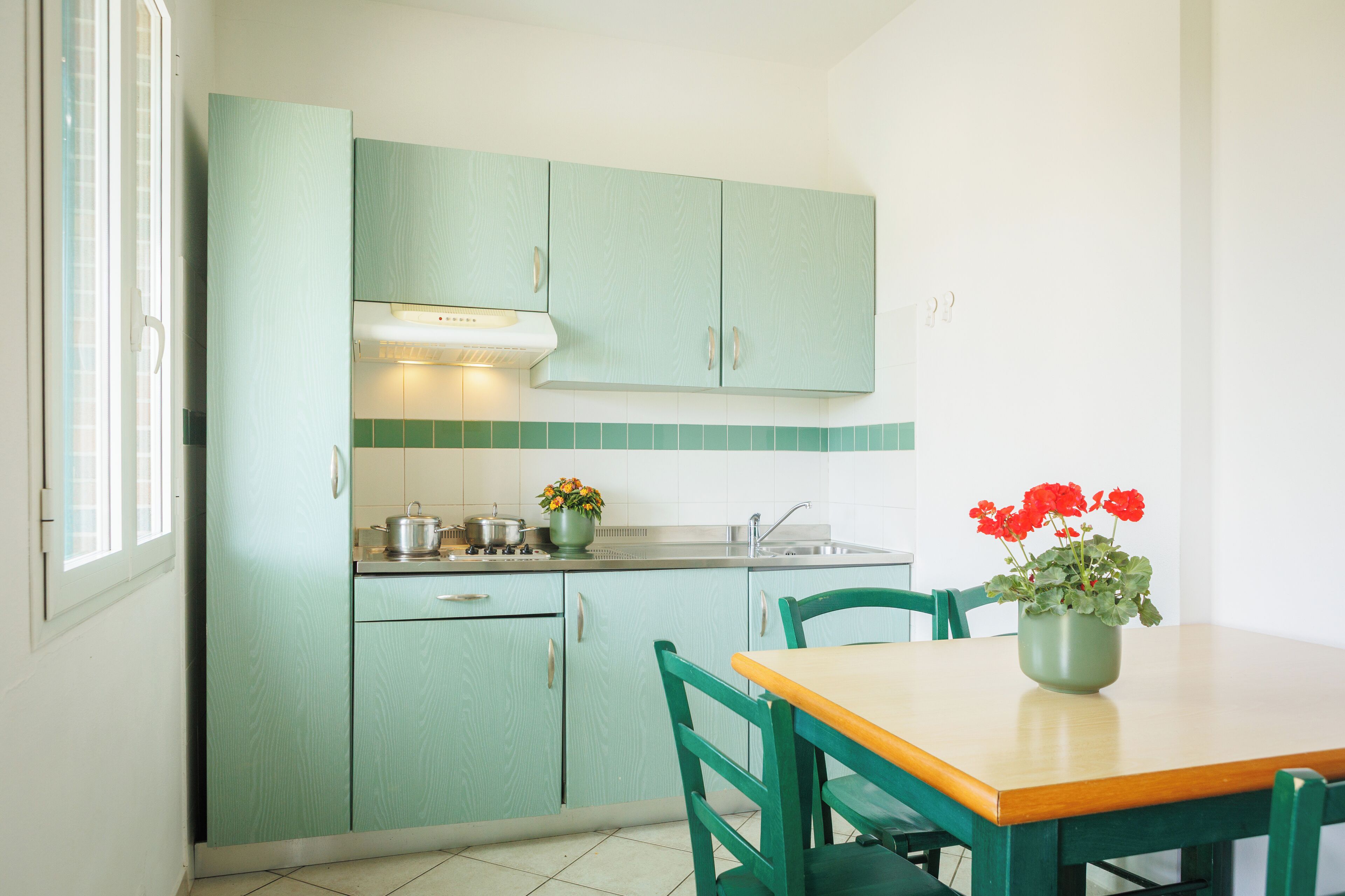 A kitchen with teal cabinets, a wooden table, and a potted plant with red flowers.