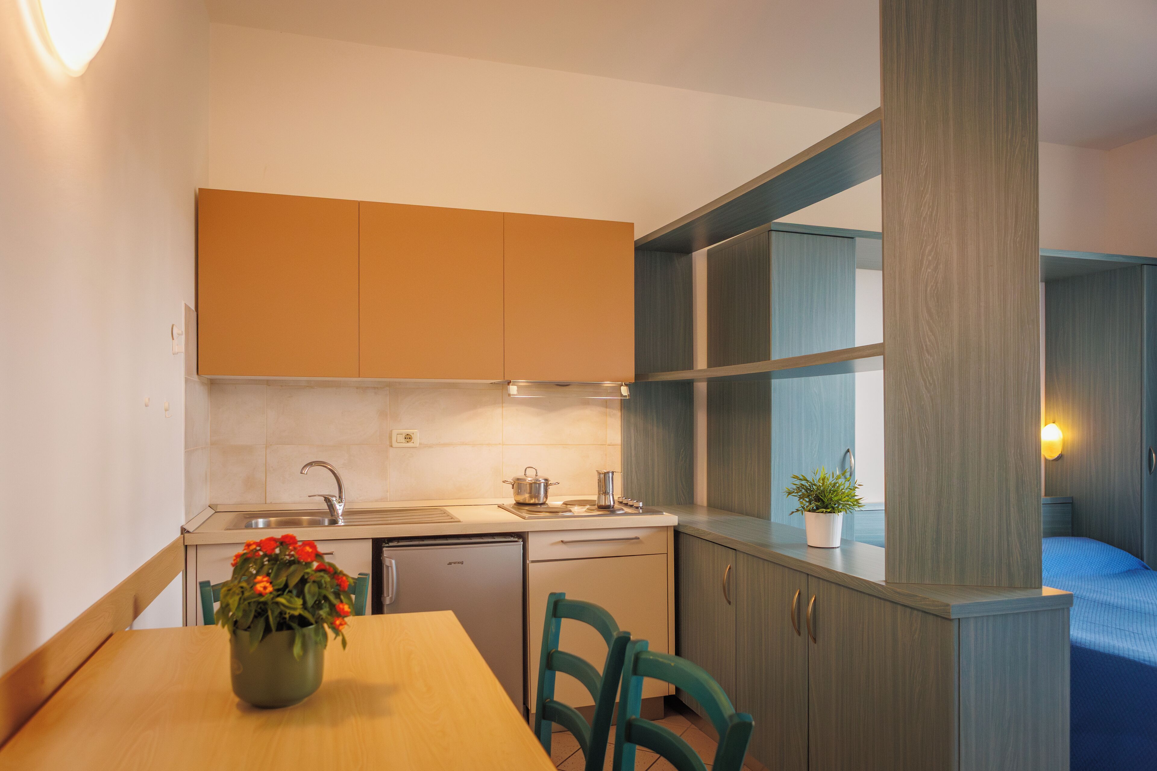 Una cocina funcional con comedor, un lavamanos y una planta en maceta sobre la encimera.