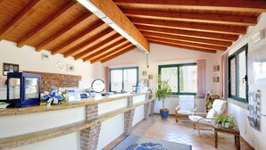 A reception area with a wooden ceiling, a reception desk, a potted plant, and a chair. - La Cecinella (Cecina)