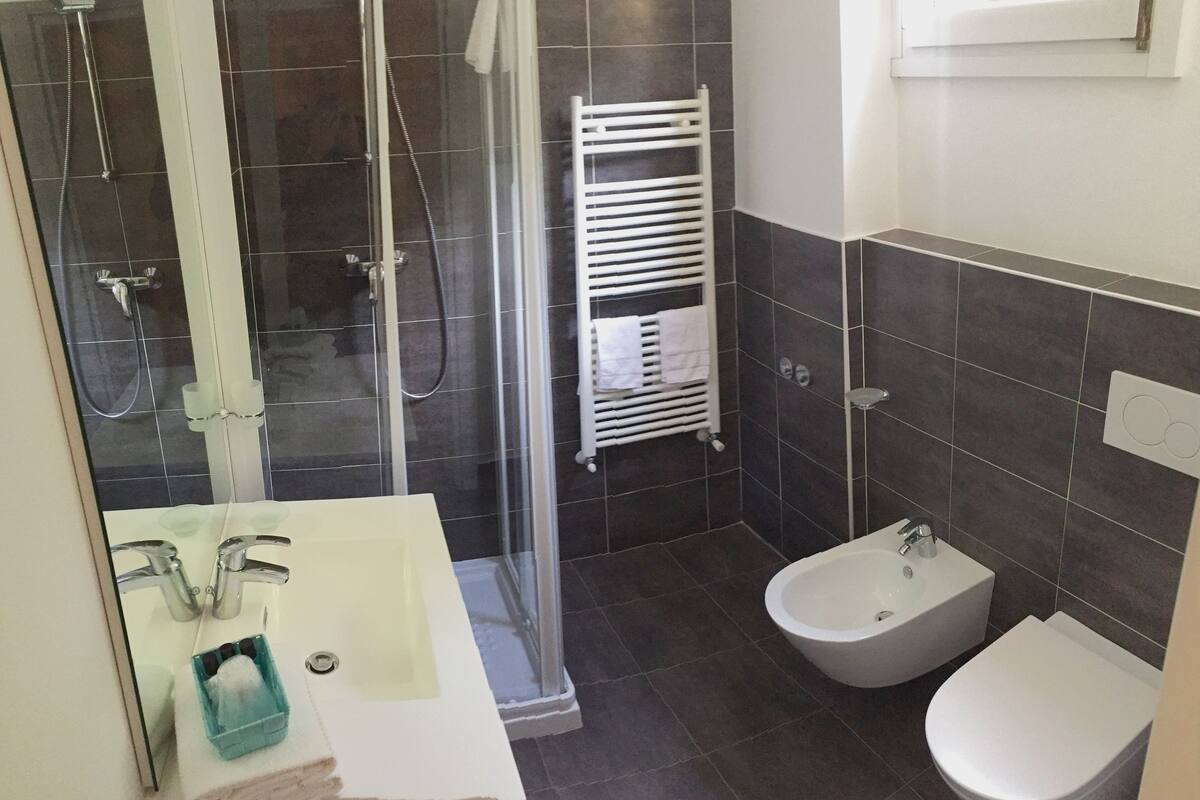 Une salle de bain moderne dotée d’une douche à parois de verre, d’un lavabo blanc avec un miroir, d’un porte-serviettes et d’un bidet.