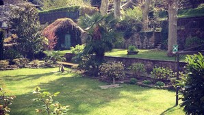 A garden with a variety of plants, a stone wall, and a small pond. - Trieste (Morbegno)