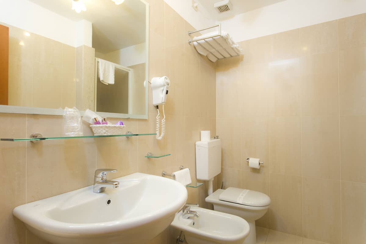 jetted bath, hair dryer, bidet, towels