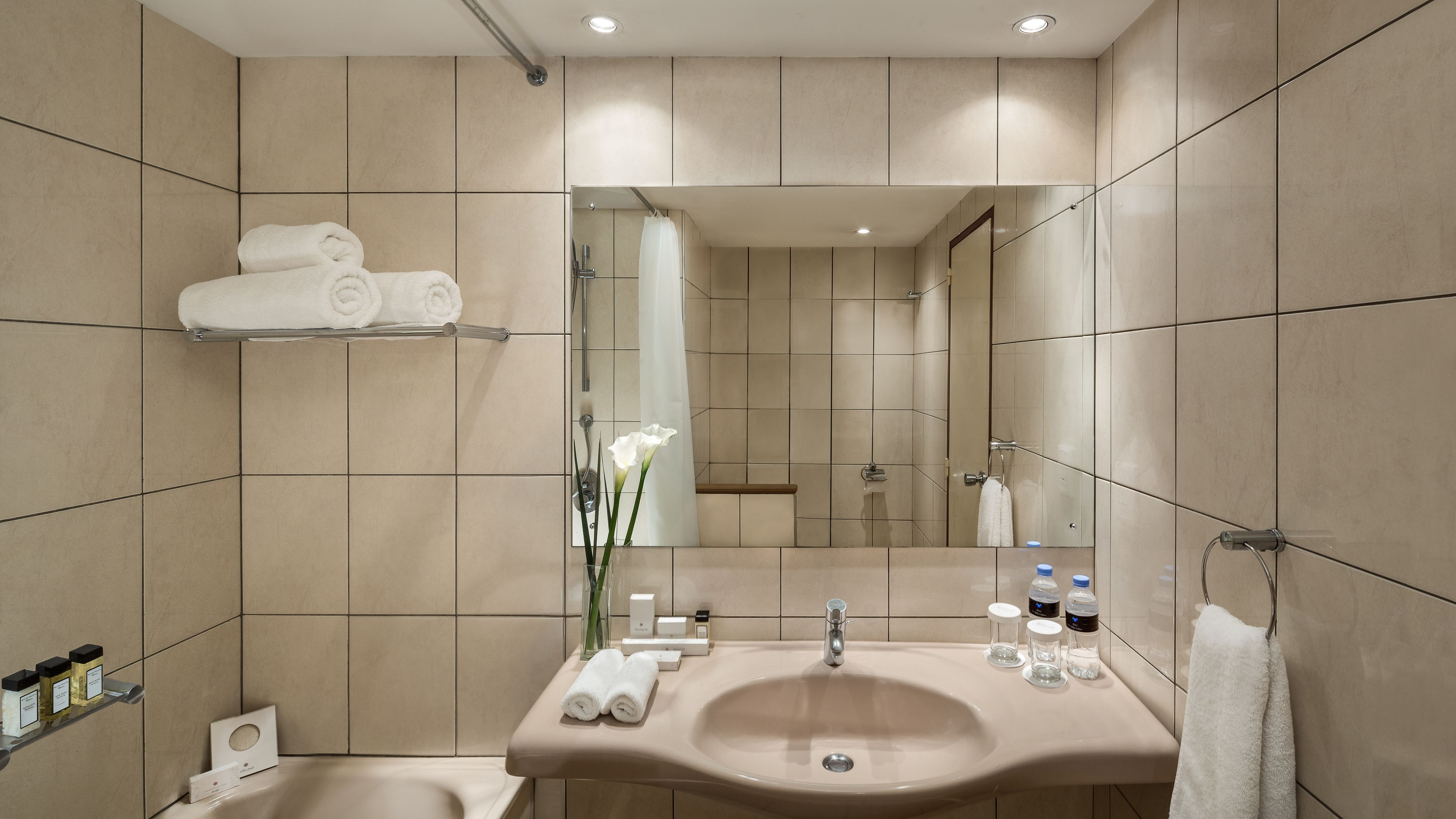 combined shower/bathtub, free toiletries, hair dryer, bathrobes