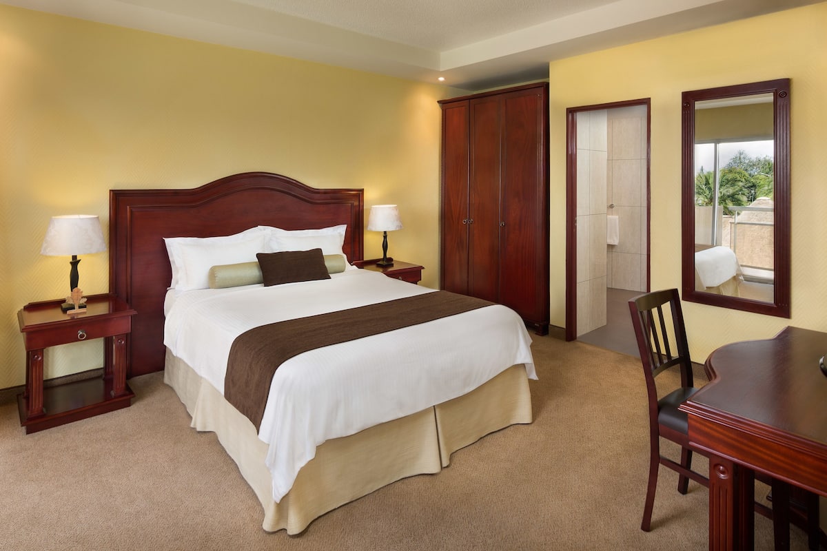 Una habitación de hotel con una cama grande, dos mesitas de noche con lámparas, un armario de madera, un escritorio con una silla y un espejo.