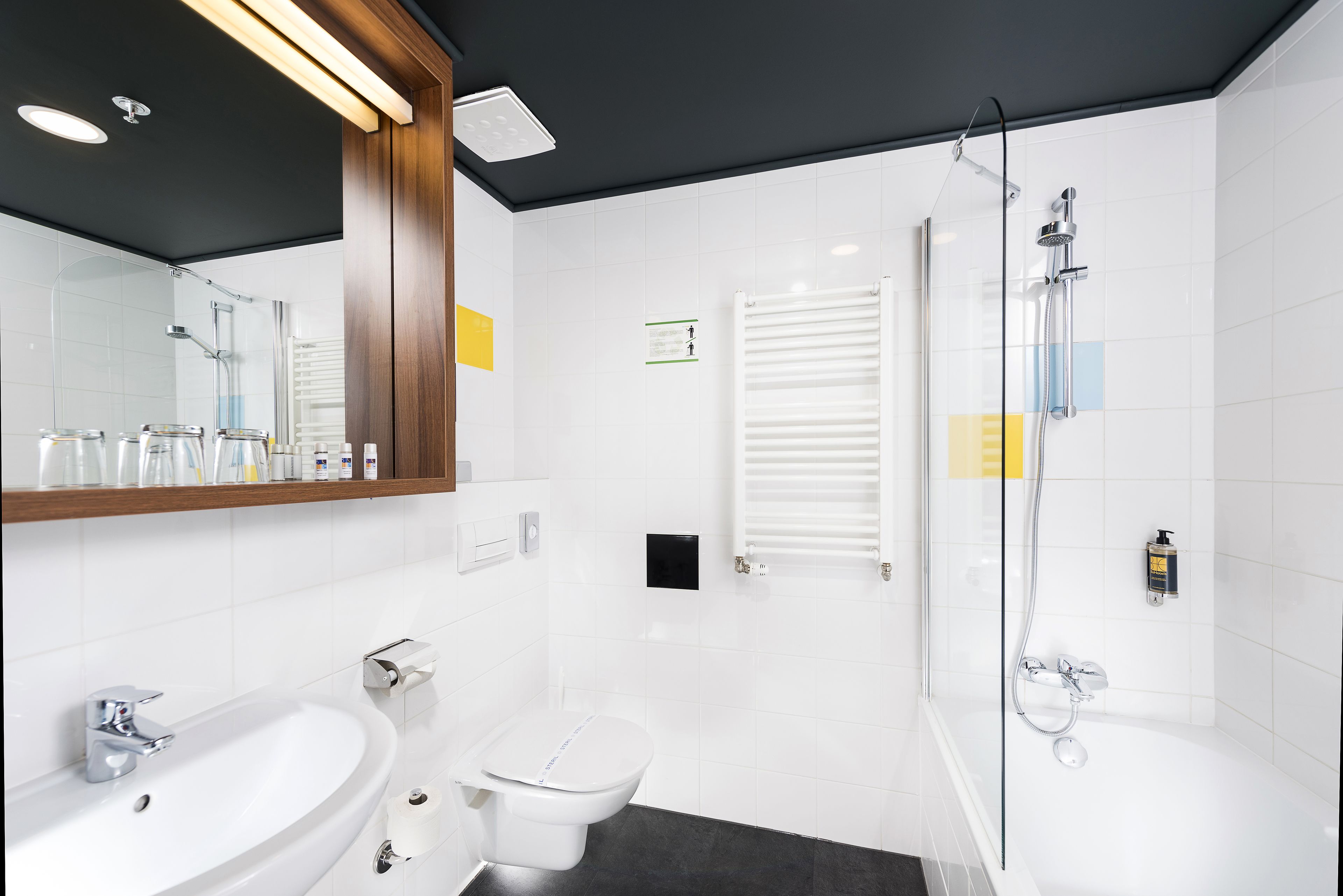 eco-friendly toiletries, hair dryer, towels