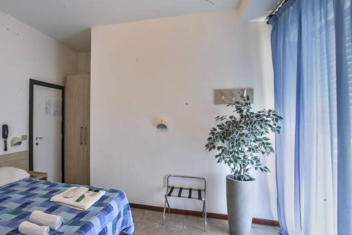 Habitación de hotel con cama, una silla, planta en maceta, un cuadro y una puerta.