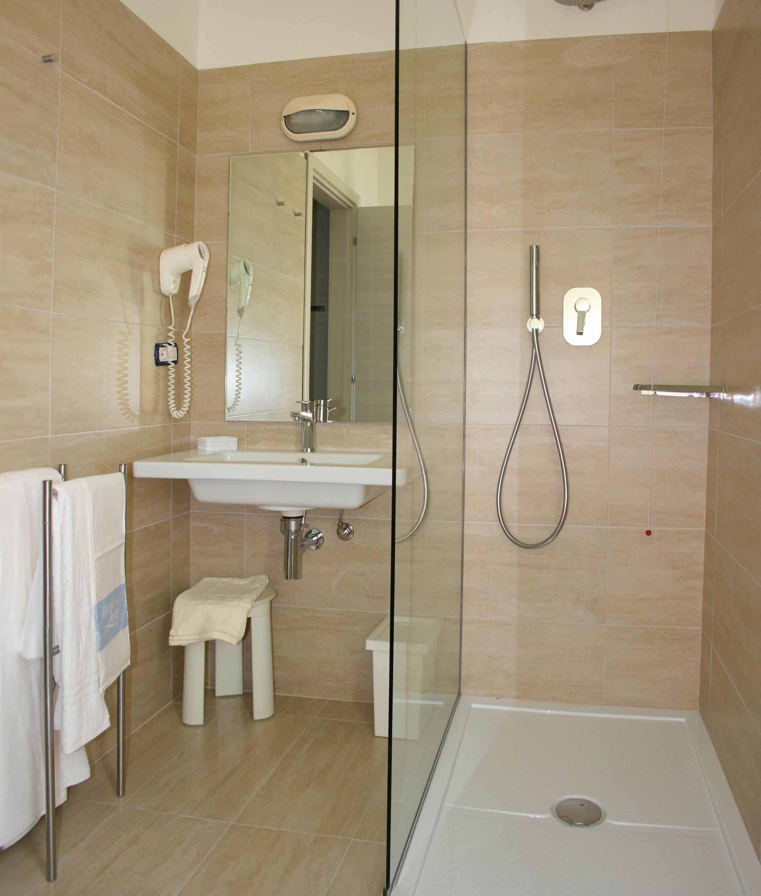 rainfall showerhead, hair dryer, bidet, towels