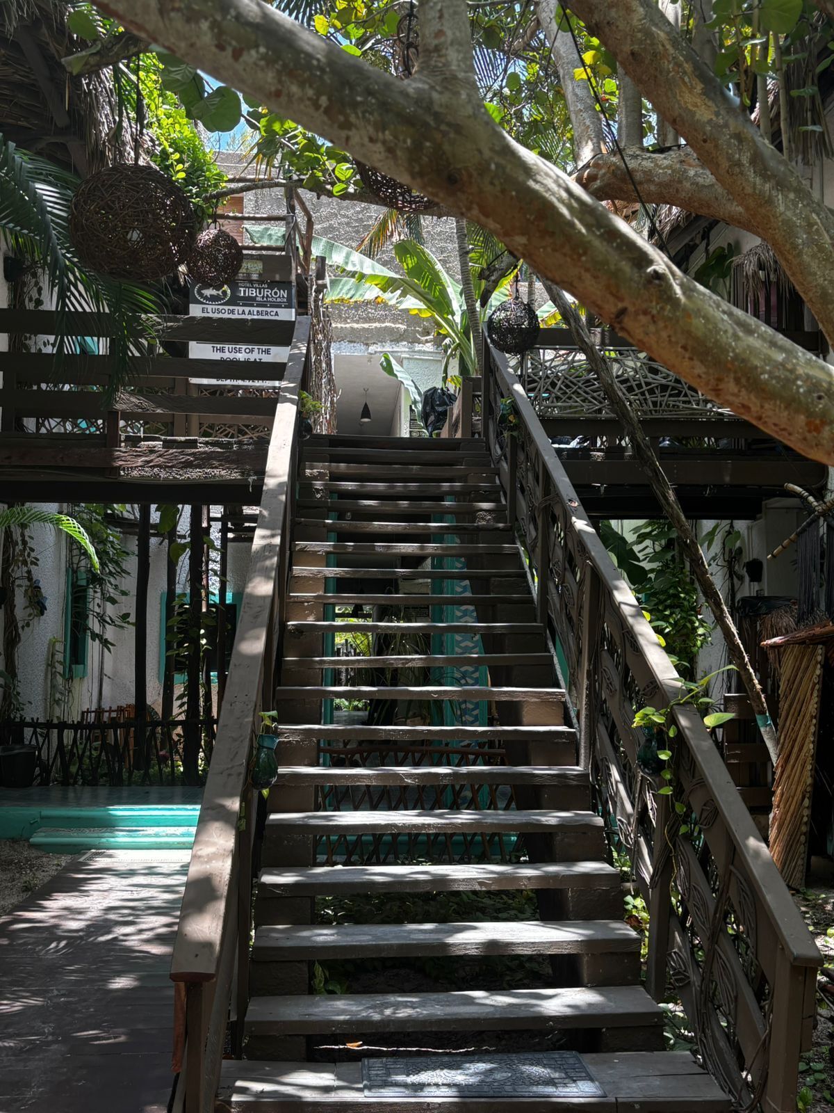 A wooden staircase with metal railings, surrounded by lush greenery and hanging decorations.