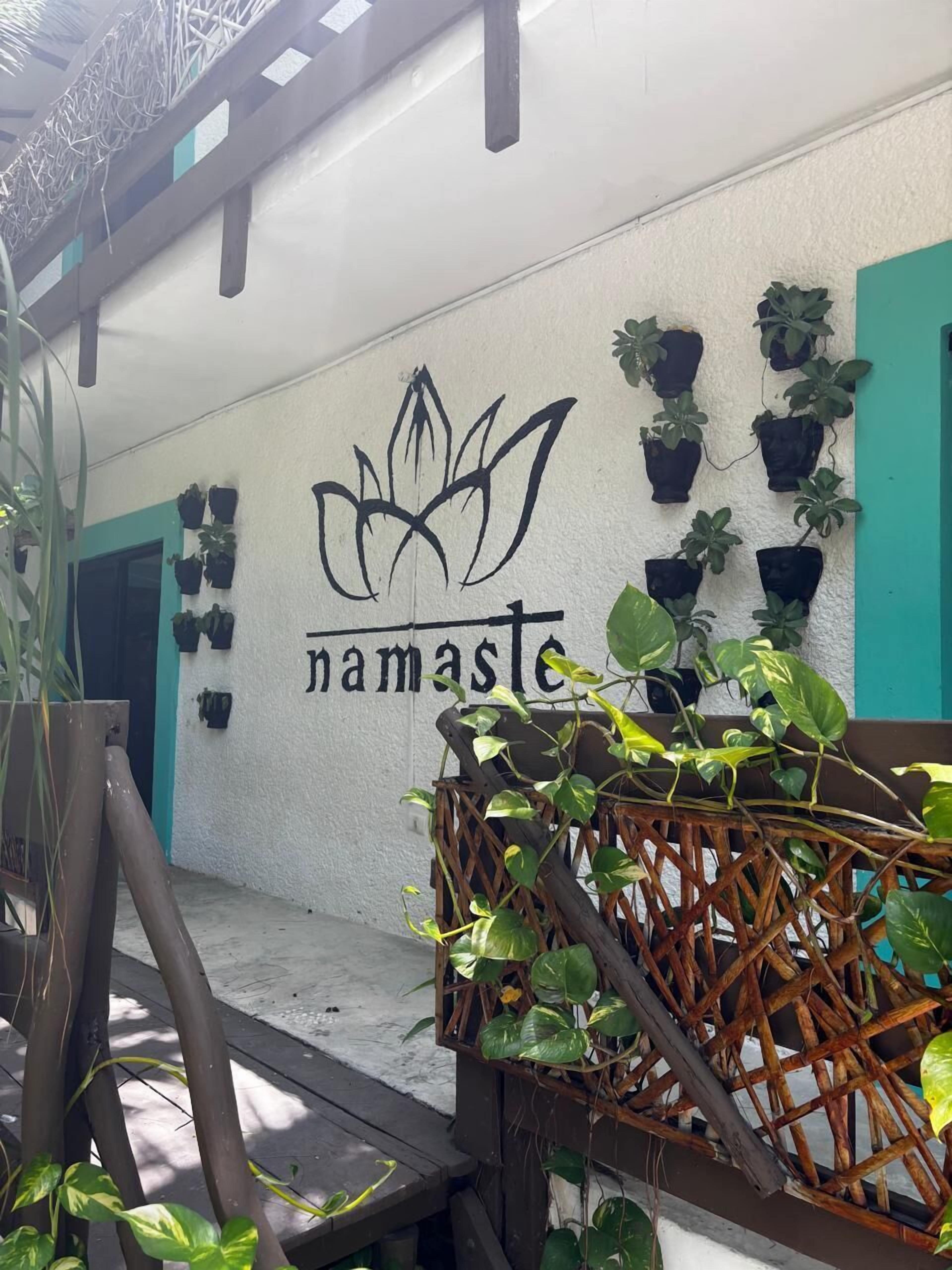 Una pared con un logotipo y el nombre 'namaste' rodeado de plantas en macetas.