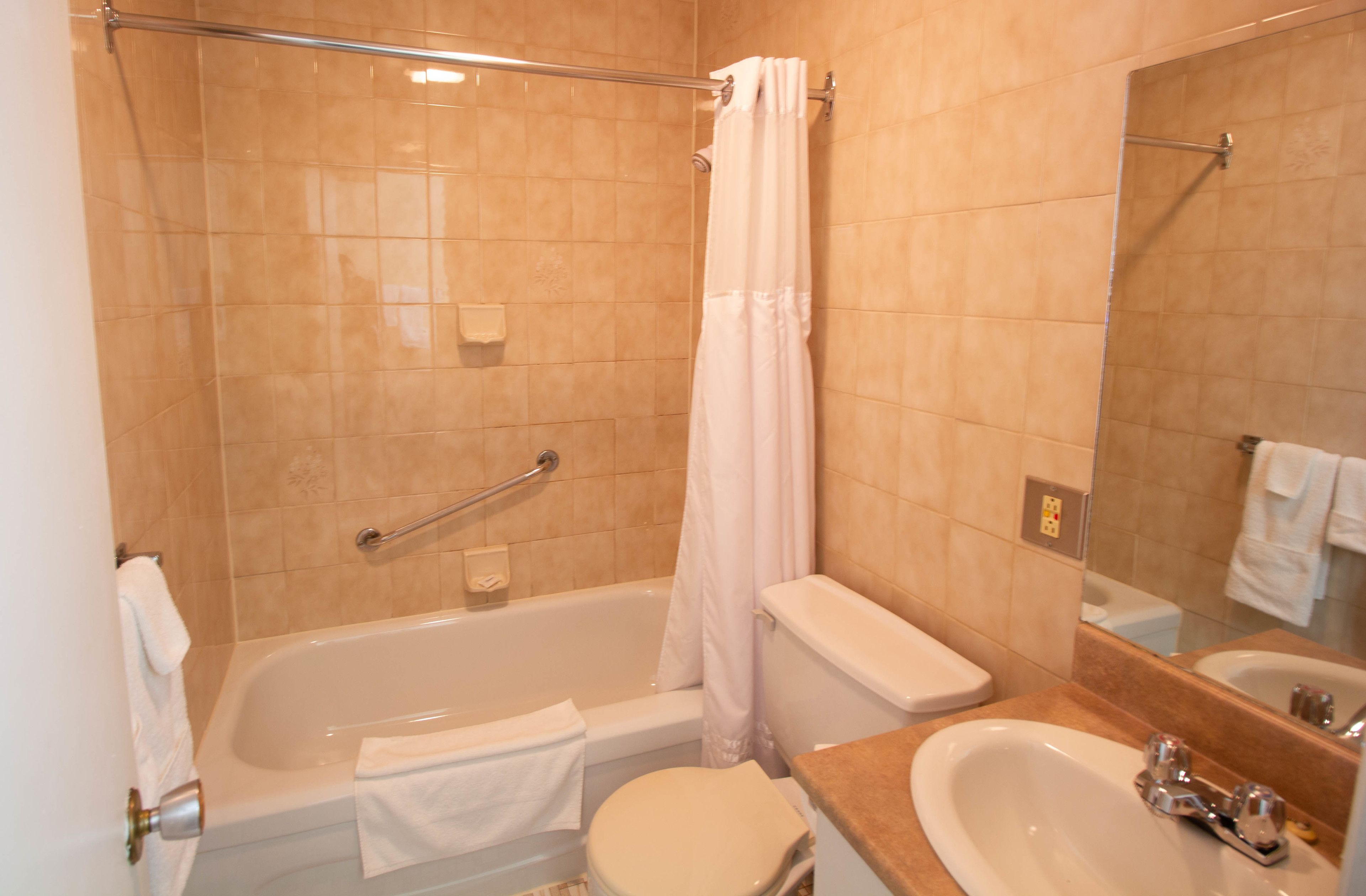 Un bagno con vasca, WC, lavandino e tenda da doccia.