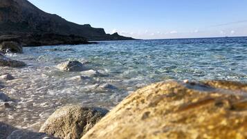 A rocky shoreline with clear water and a mountain in the background.