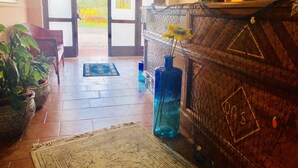 Un corridoio con un tappeto decorato, piante in vaso, un vaso blu e una parete ornamentale con motivo geometrico.