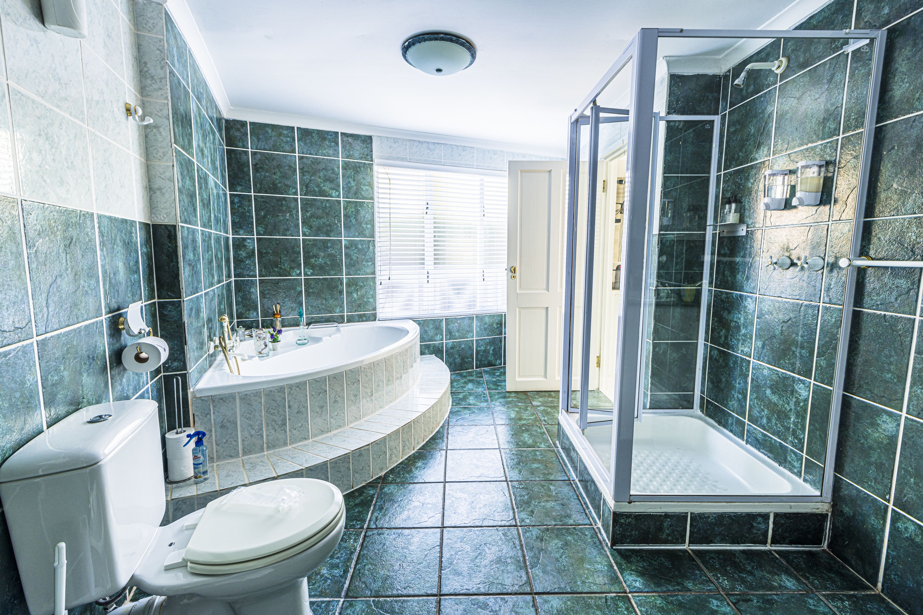 Une salle de bain comprenant des toilettes, une baignoire et un espace douche.