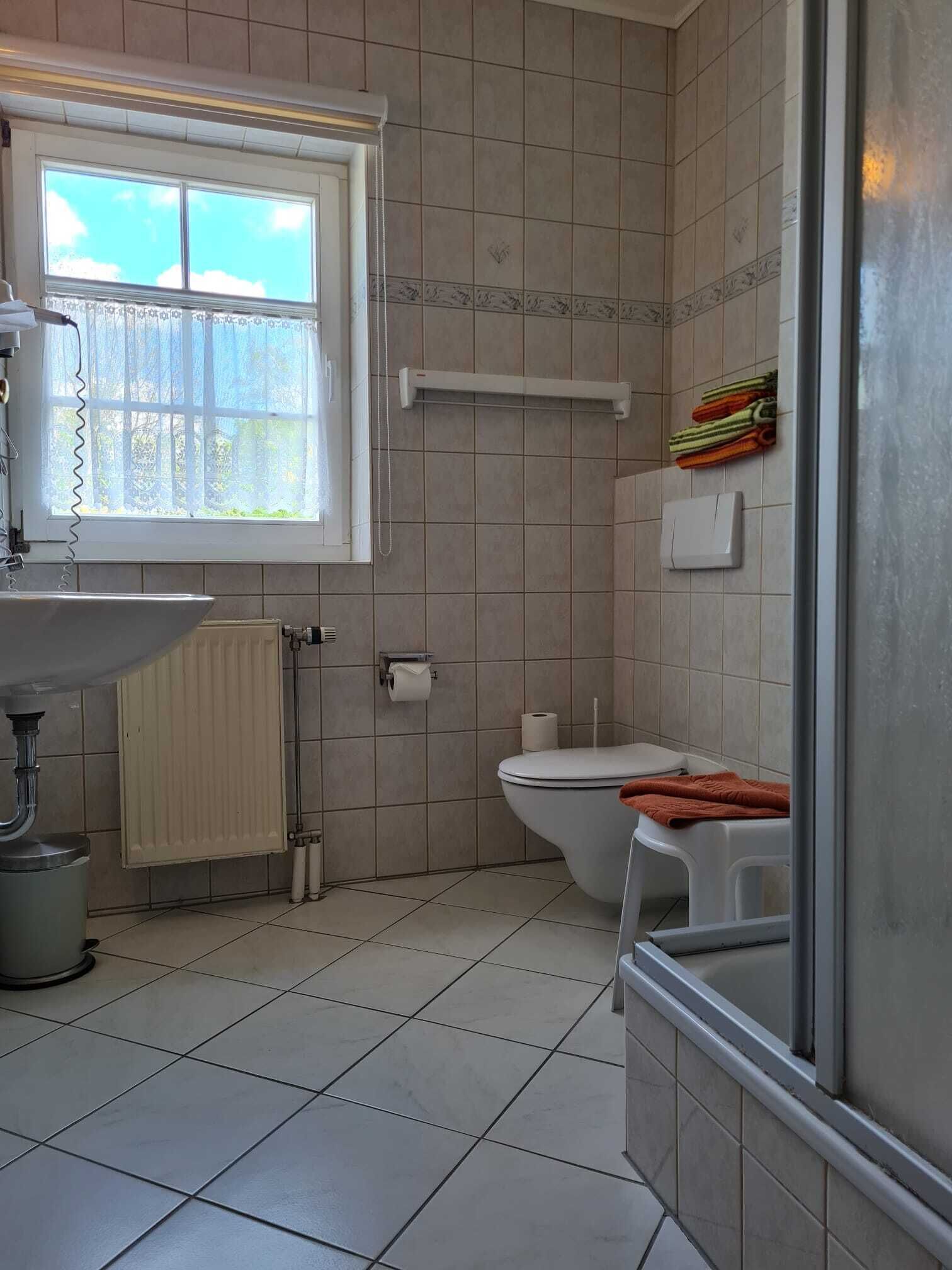 Un baño con inodoro, lavabo y zona de ducha.
