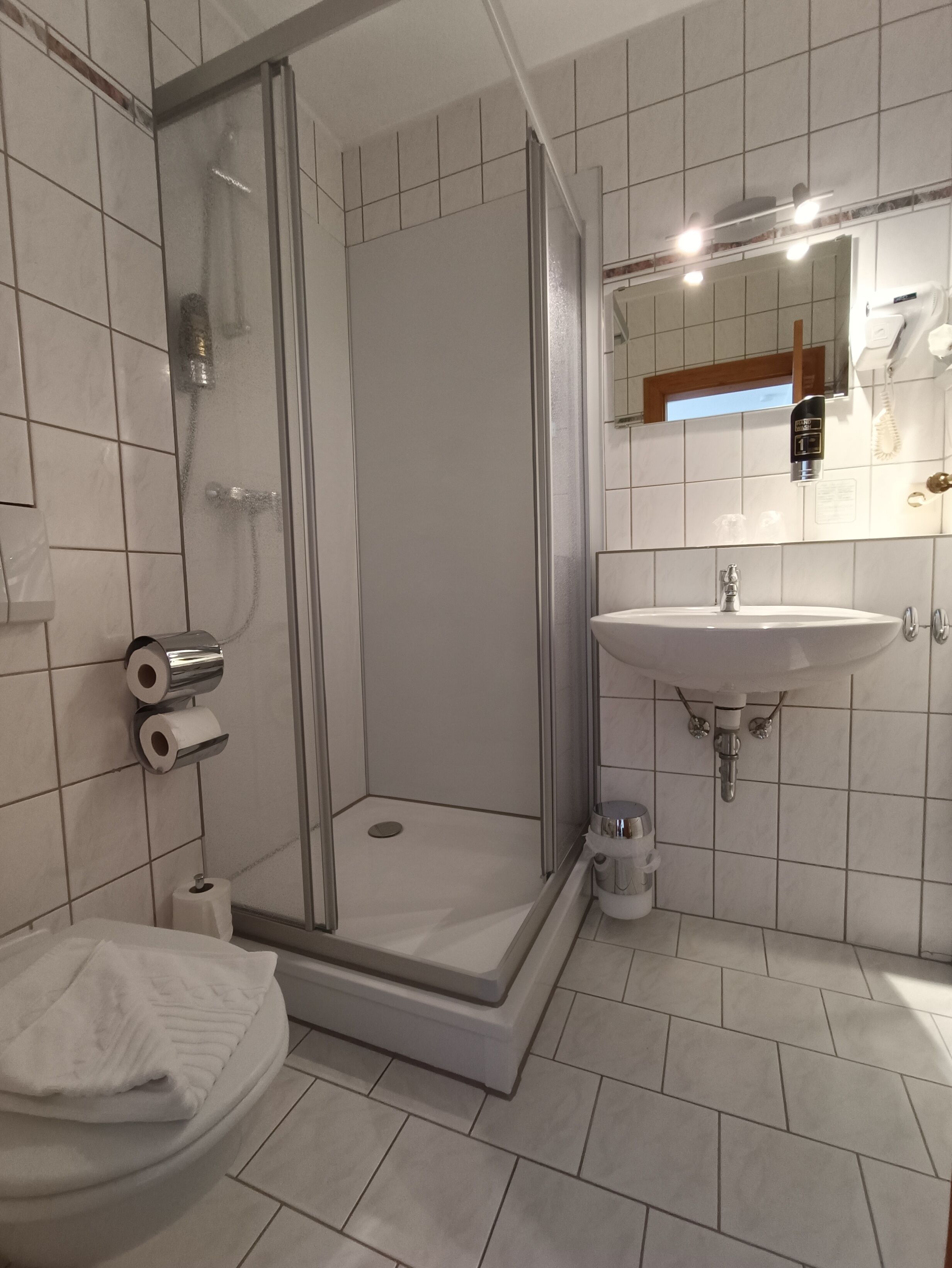 Un baño moderno con ducha de vidrio, lavamanos con espejo y un inodoro con una toalla.