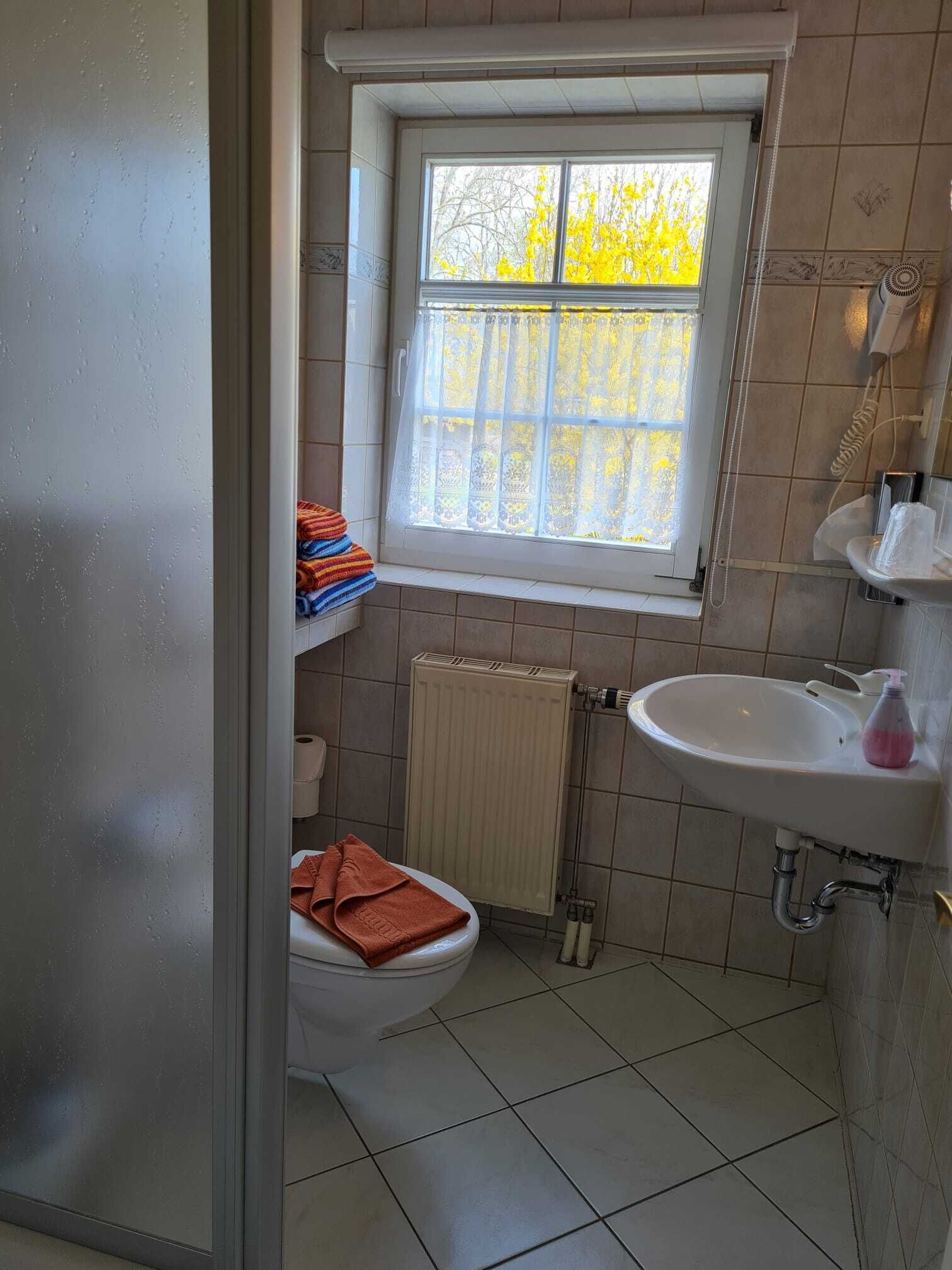 A small bathroom with a toilet, a sink, and a window.