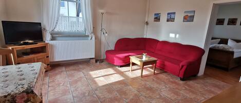 A living room with a red sofa, a wooden coffee table, a television on a wooden stand, a radiator, and a window with curtains.