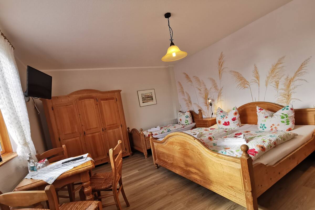 A bedroom with a wooden bed, a desk with chairs, a wardrobe, and a television on the wall.