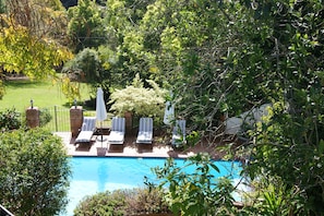 A pool area with lounge chairs and a small garden. - Edenwood Guest House (George)