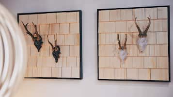 Two framed deer antlers on a wall.