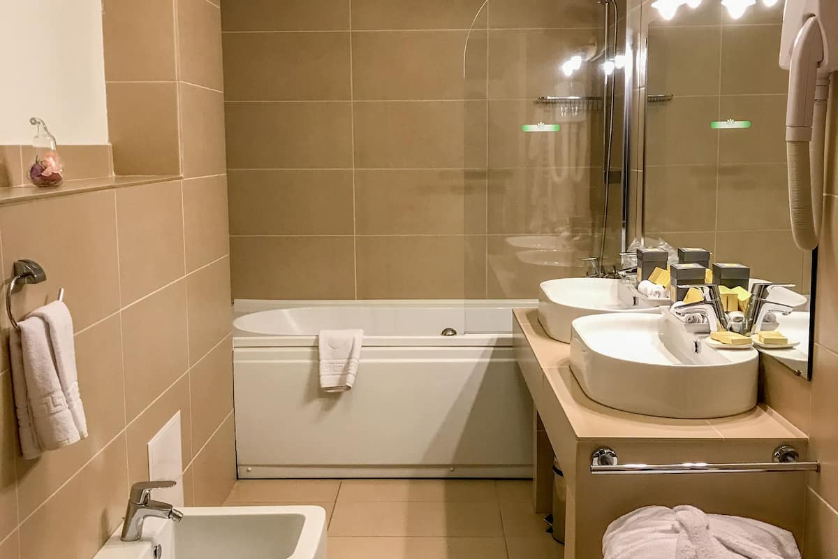 deluxe suite | bathroom | hair dryer, bathrobes, slippers, bidet