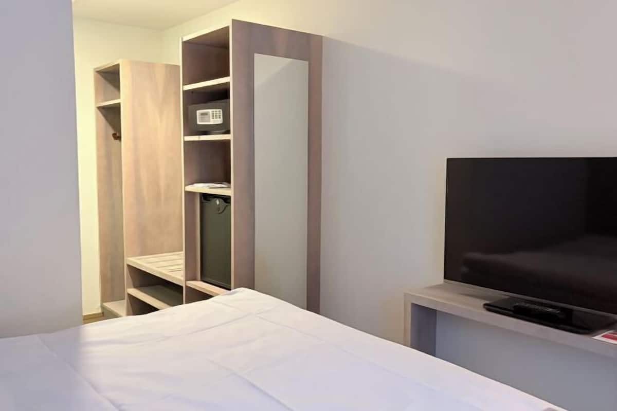 A bedroom with a bed, a TV, a wardrobe, and a mirror.
