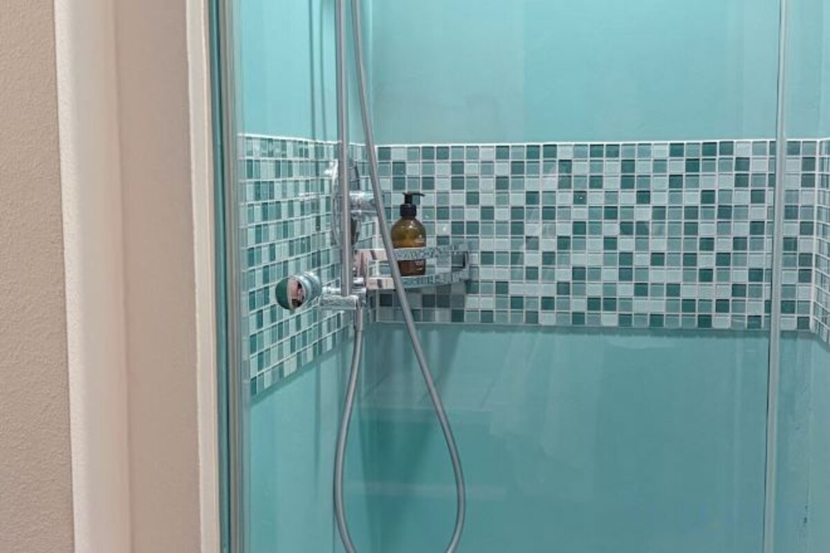 A glass-enclosed shower with a tiled wall, a handheld showerhead, and a soap dispenser.