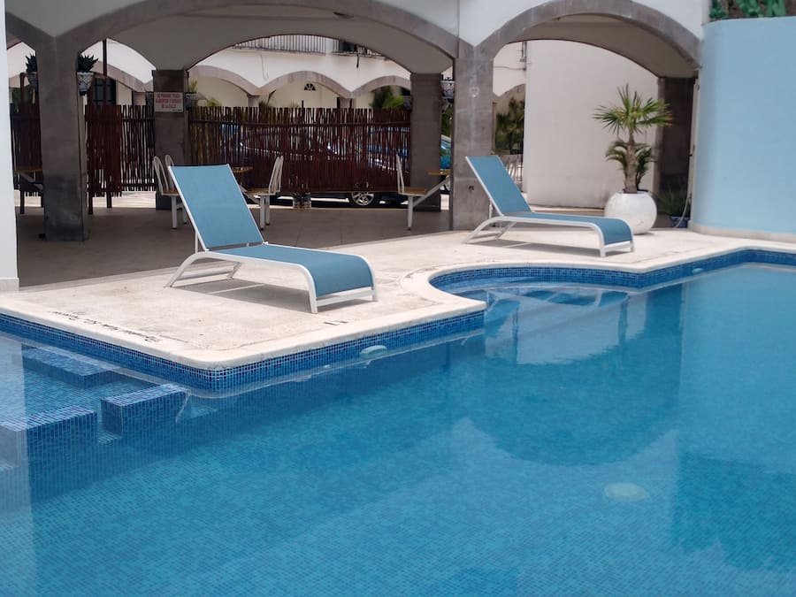Outdoor pool, sun loungers