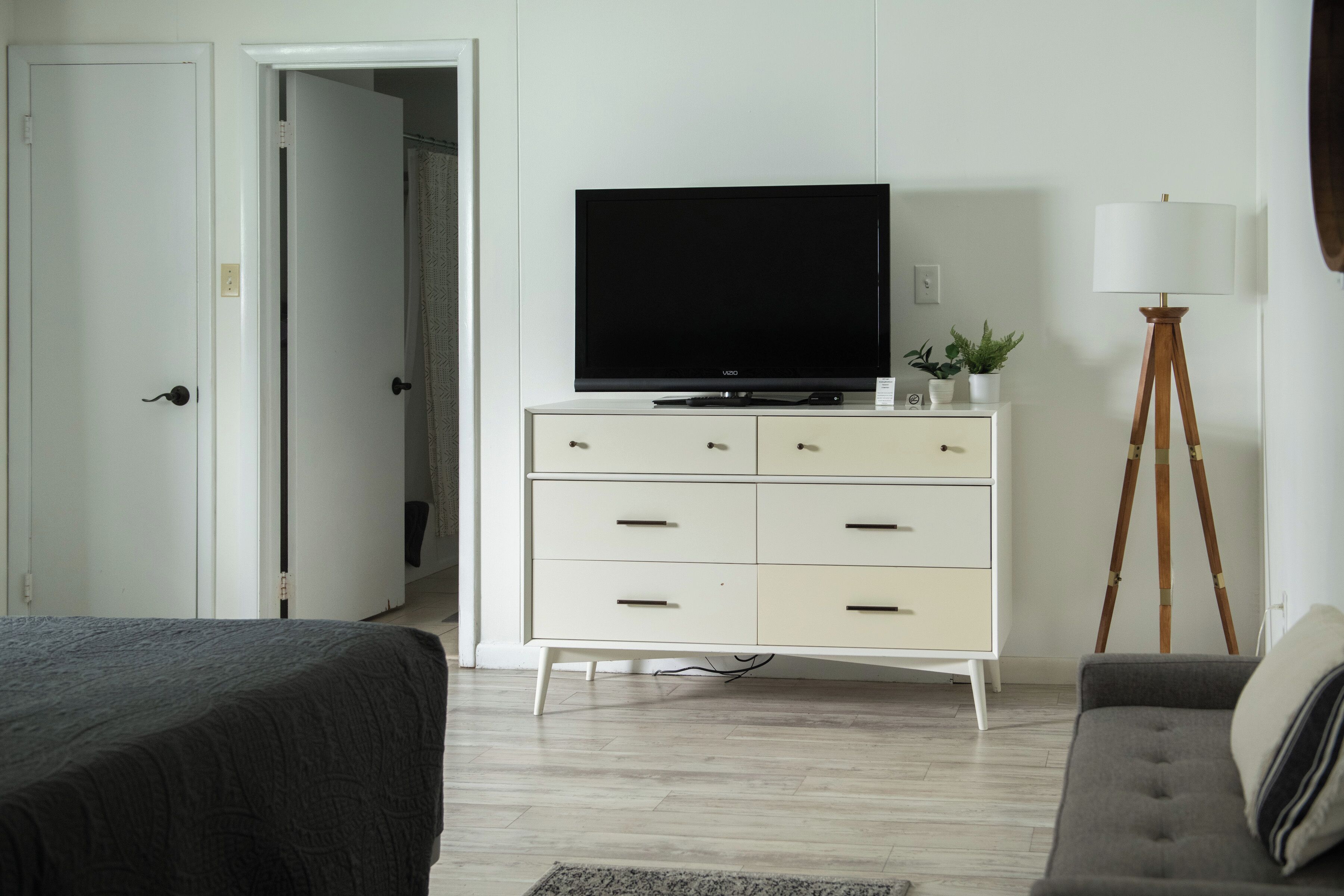 Un dormitorio con una cama, un televisor sobre una cómoda, una lámpara y una planta.