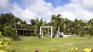 A white gazebo in a lush green park with palm trees and a clear sky.