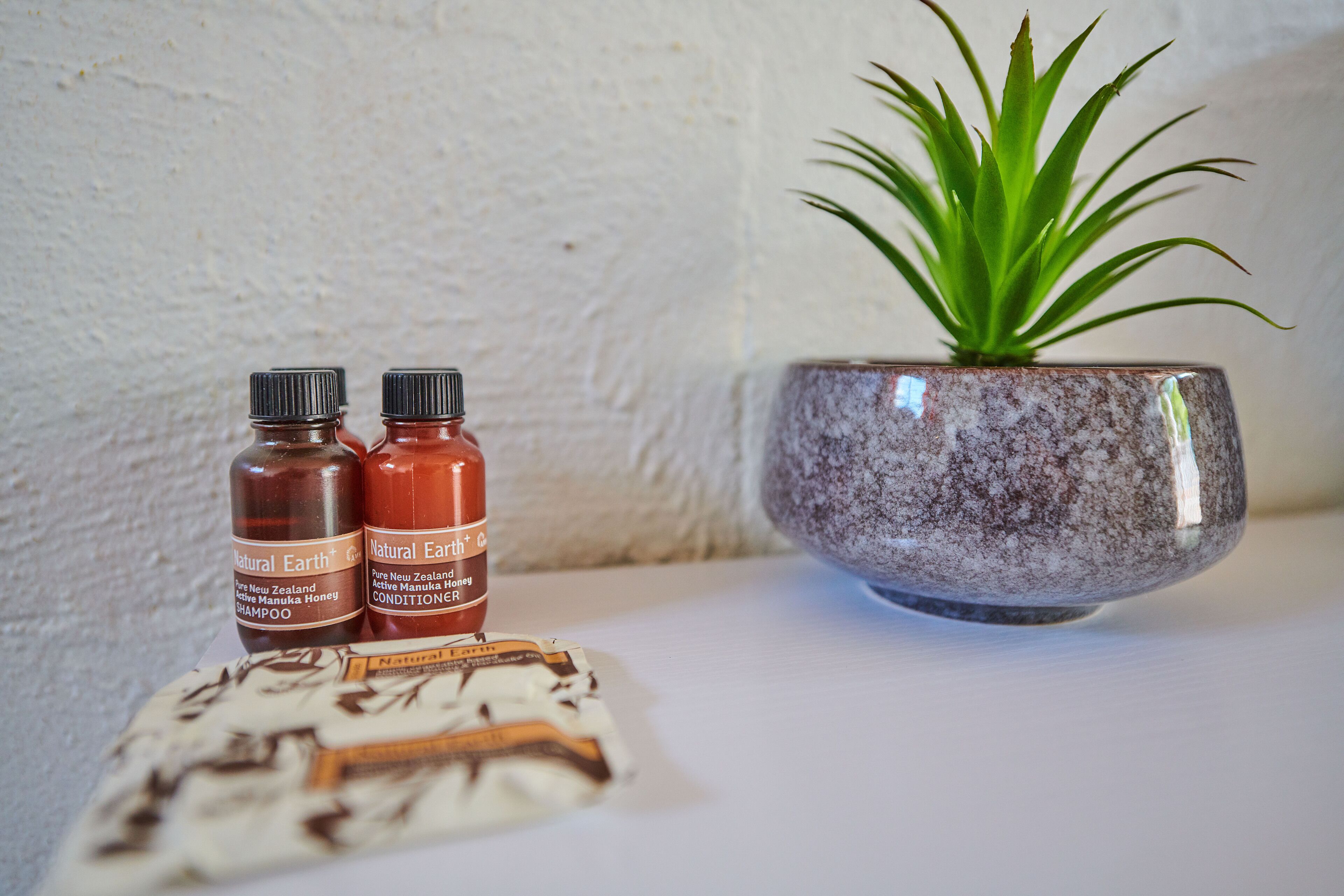 Two bottles of Natural Earth products, a potted plant, and a decorative bowl on a white surface.