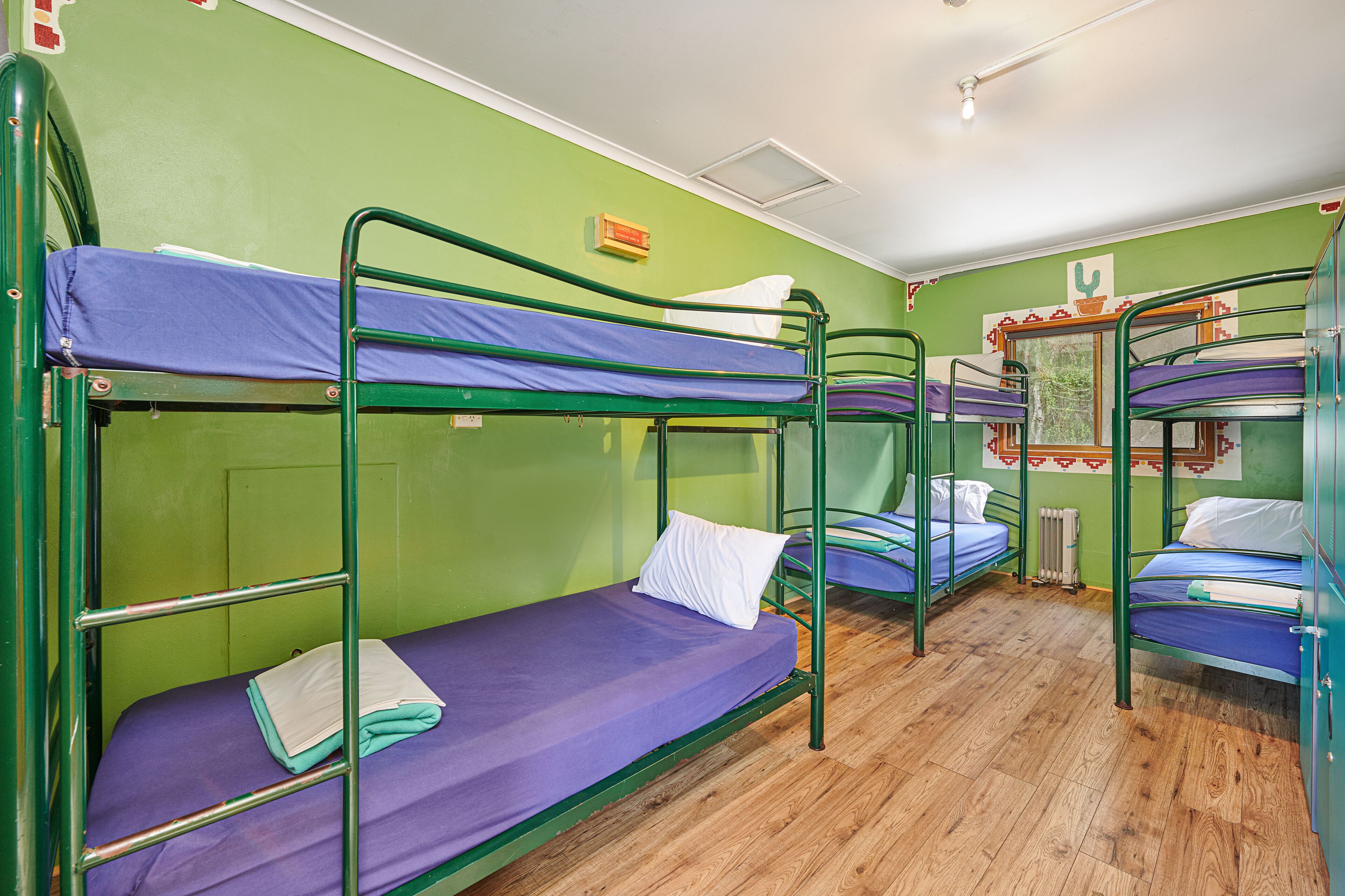 A dormitory room with bunk beds, green walls, wooden flooring, and a small window with a view of trees.