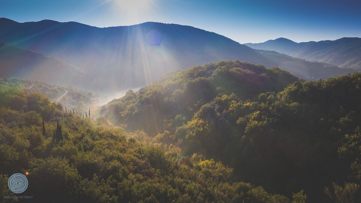 Un paisaje montañoso con bosque denso.