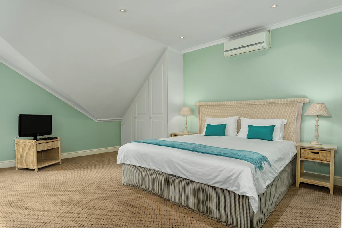 A bedroom with a large bed, a television on a stand, and a ceiling fan.