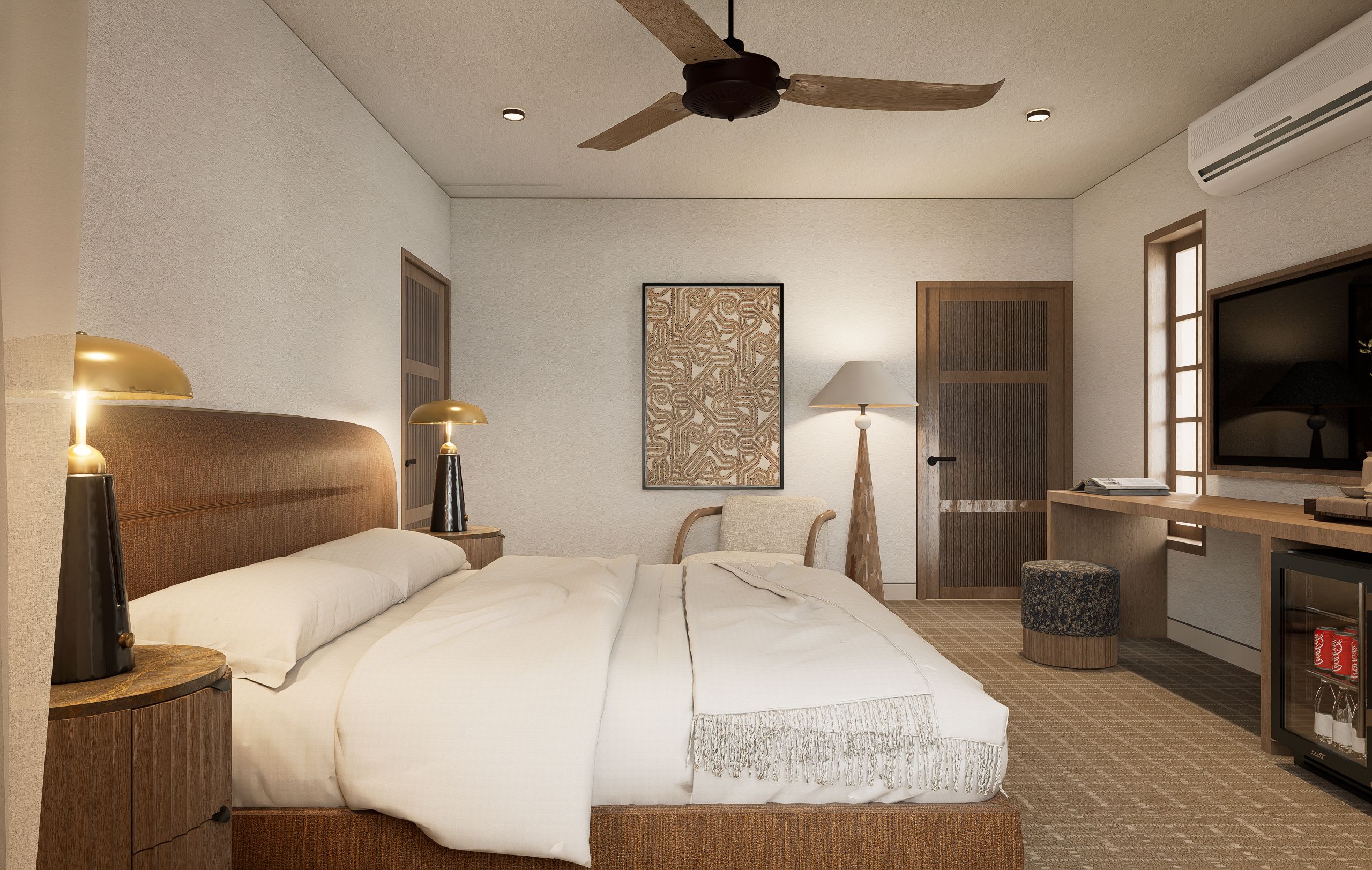 A hotel room with a bed, bedside lamps, a ceiling fan, a desk with a chair, a television, and a minibar.