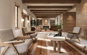 A modern interior with a central seating area, wooden accents, and a patterned floor.