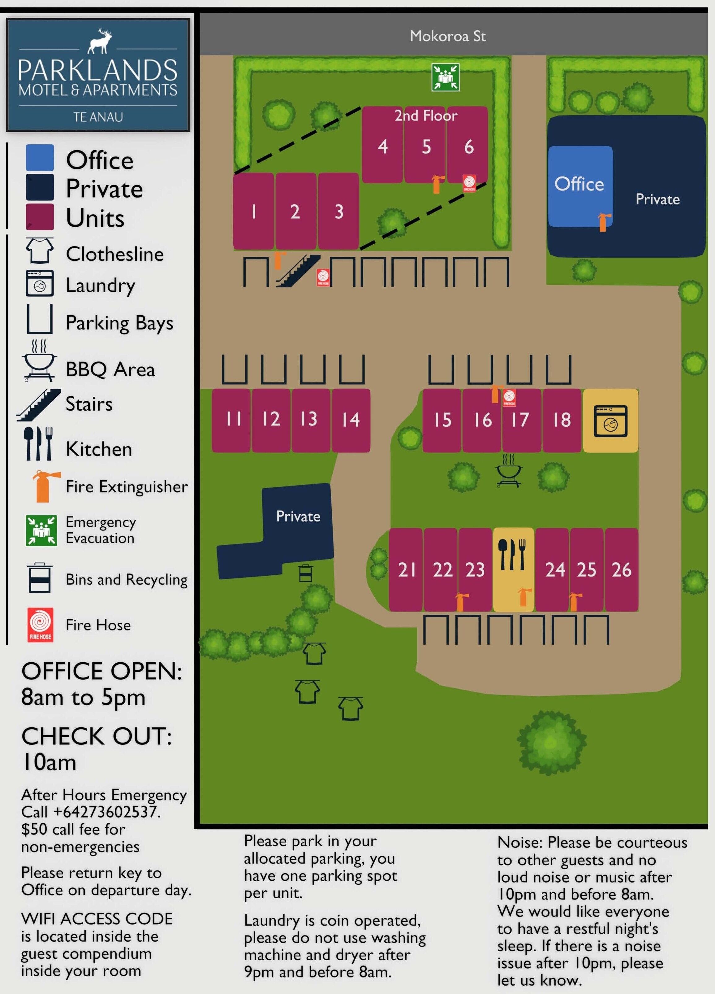 Plano de distribución del motel y apartamentos Parklands, que incluye comodidades como tendedero, lavandería, espacios de estacionamiento, área de barbacoa, escaleras, cocina, extintor de incendios, evacuación de emergencia, botes de basura y reciclaje, y manguera contra incendios. El horario de atención de la oficina es de 8 a 17, con salida a las 10.