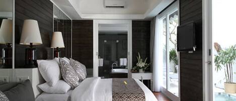 Huvila, 1 makuuhuone | Untuvapeitot, Select Comfort -patjalliset sängyt, minibaari