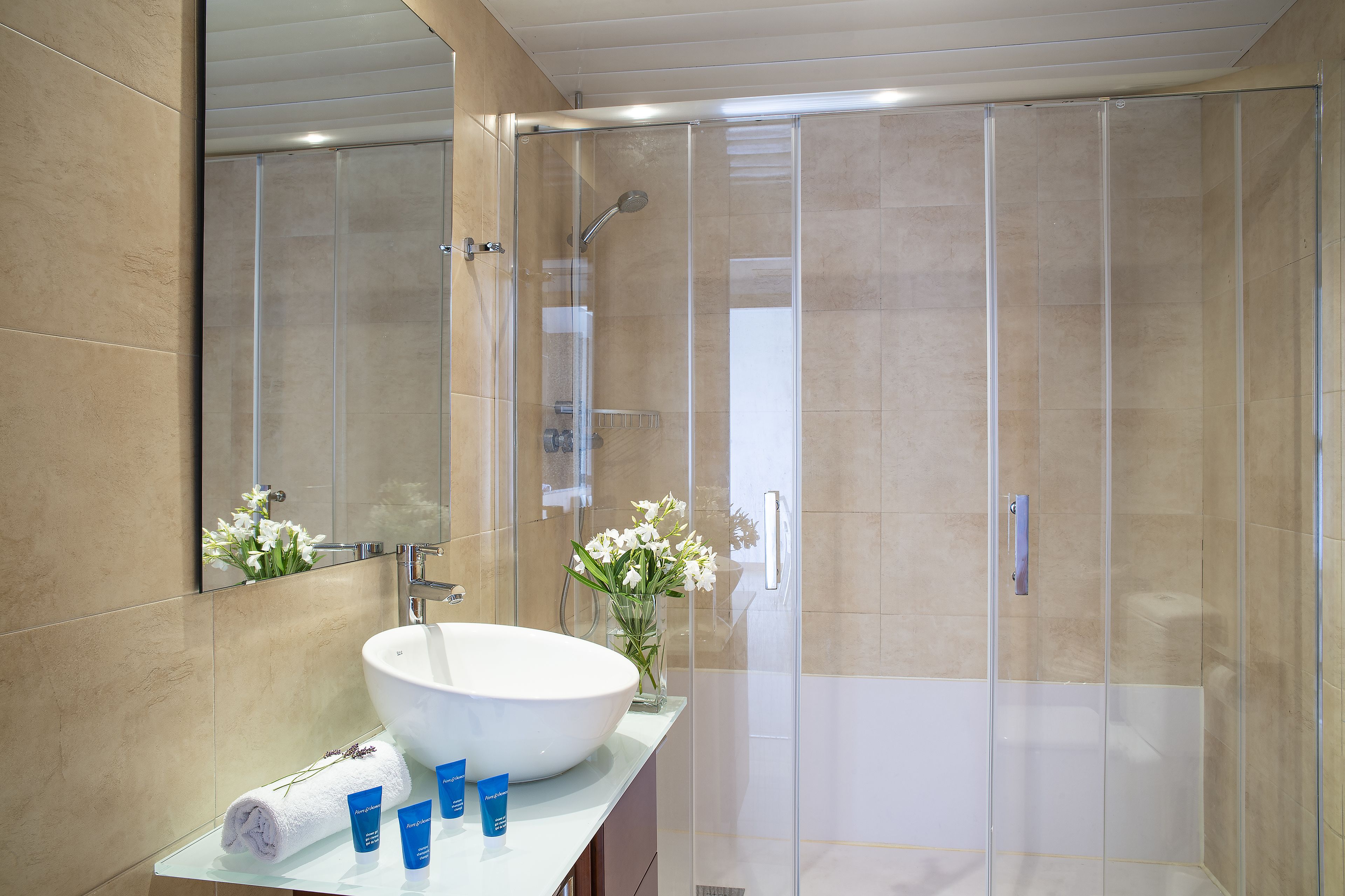 Une salle de bain moderne avec un grand lavabo blanc, une douche en verre et un miroir qui agrandit l’espace.