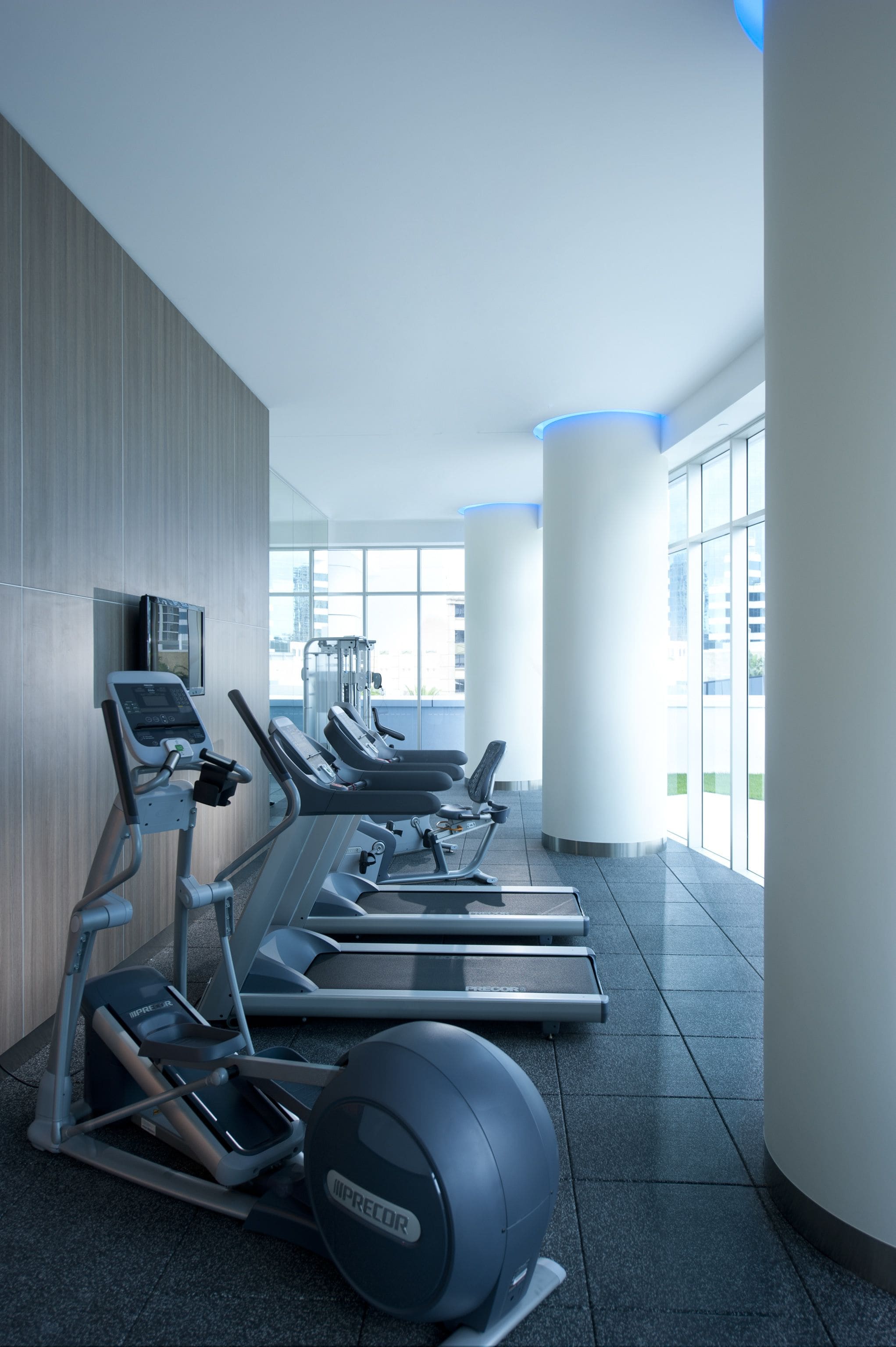 A modern gym with treadmills, elliptical machines, and a large exercise ball, featuring large windows and a minimalist design.